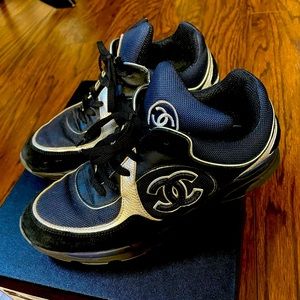 Navy/silver Chanel sneakers with origin orig box